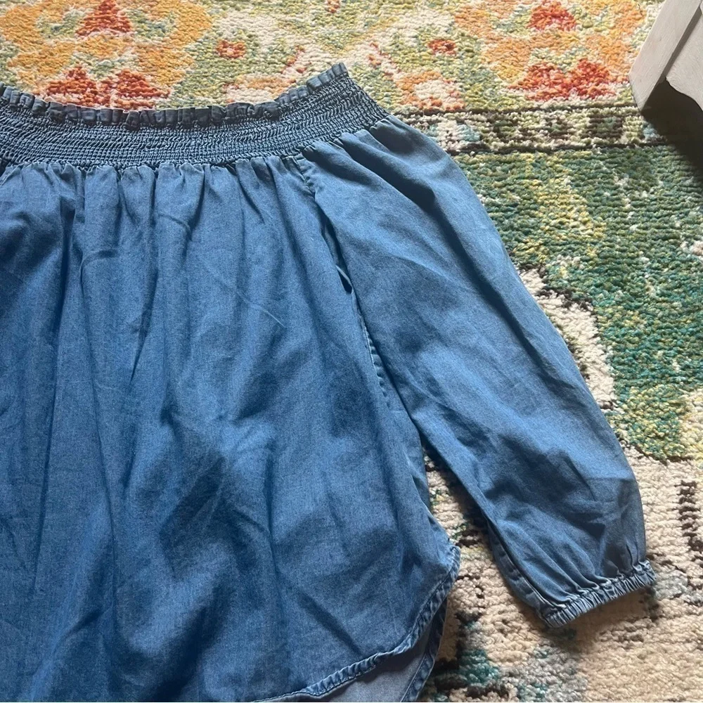 Michael Kors Blue Off Shoulder Smocked Peasant Blouse High Low Hem XS